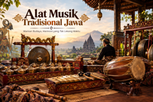 Alat musik tradisional Jawa berupa gamelan, gong, bonang, saron, dan kendang.