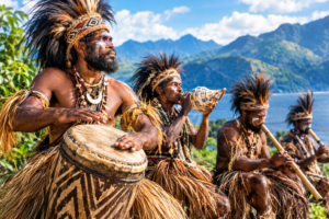 Alat Musik Tradisional Papua berupa Tifa dan alat musik tiup yang dimainkan dalam pertunjukan budaya.