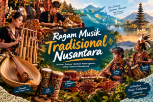 Ragam Musik Tradisional Nusantara dengan gamelan Jawa, angklung Sunda, sasando Nusa Tenggara Timur, dan tifa Papua.