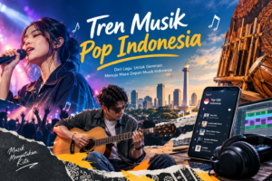 Ilustrasi tren musik pop Indonesia, menampilkan penyanyi, gitaris, konser, teknologi musik digital, dan alat musik tradisional.